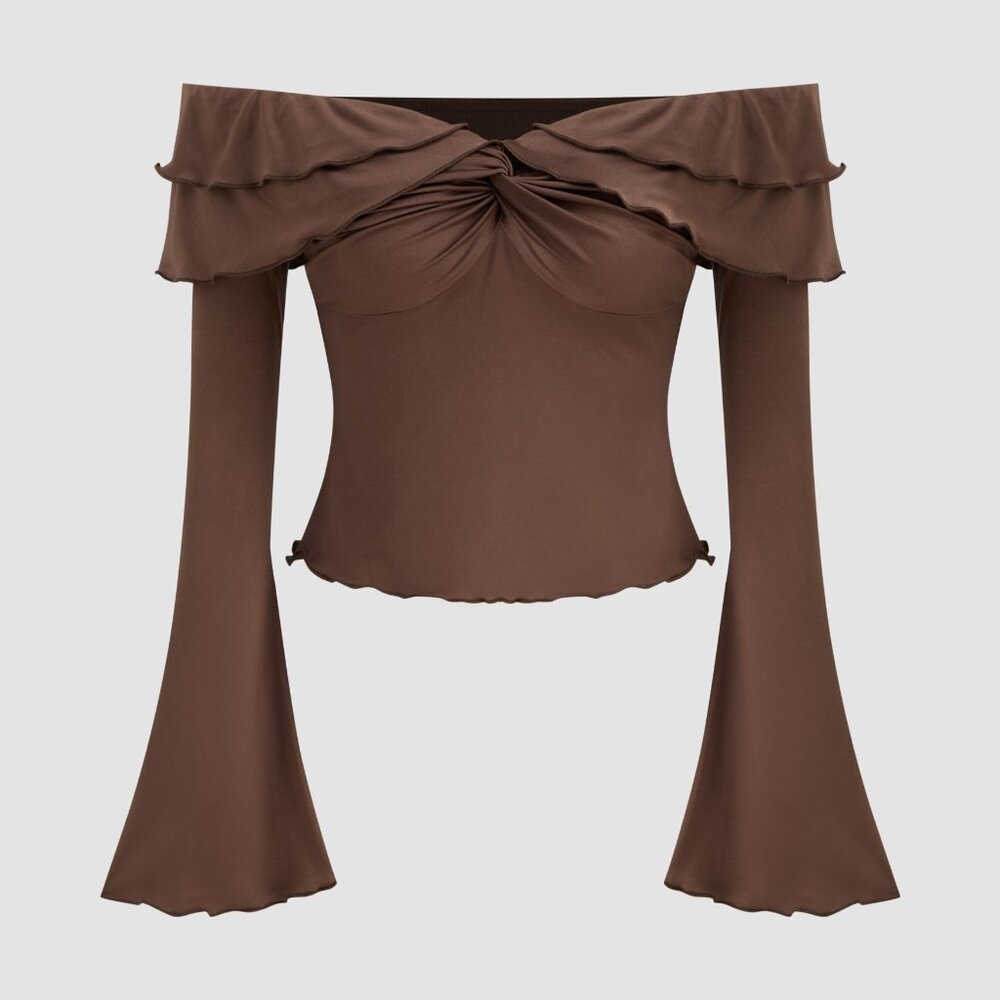 Brown Off-Shoulder Flare Sleeve Top – Ruched Front – Size XL